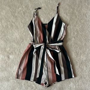 Pink Black Cream Striped Spaghetti Strap Tie Belt Surplice Romper